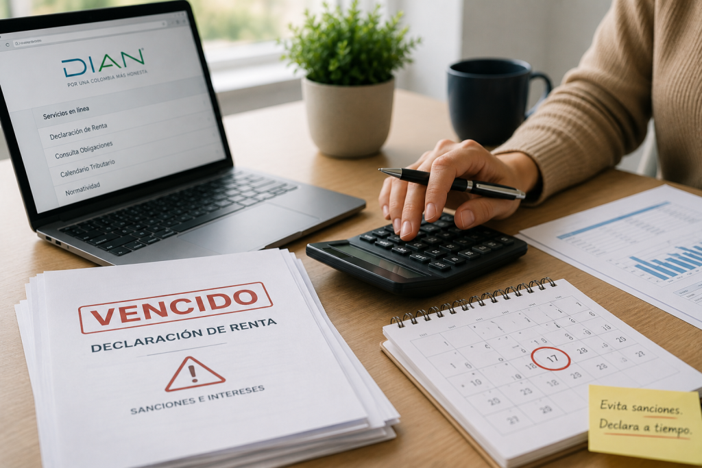 Calendario tributario, calculadora y documentos utilizados para preparar una declaración de renta antes del vencimiento.