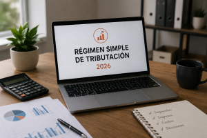 Espacio de trabajo con computador, documentos financieros y calculadora utilizados para analizar el Régimen Simple de Tributación en Colombia.