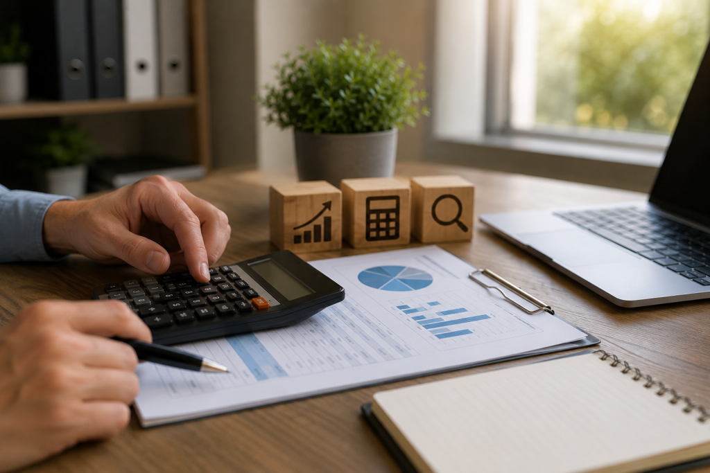 Profesional analizando información financiera con calculadora y documentos para evaluar el régimen tributario más conveniente para su empresa