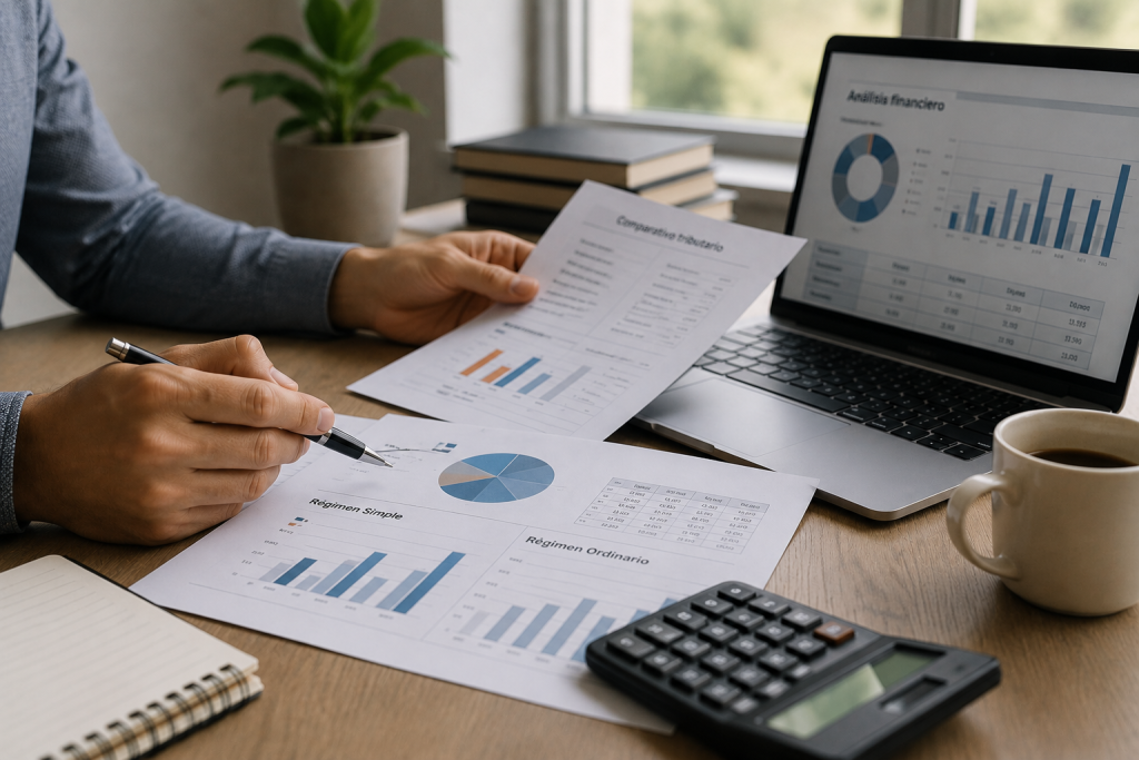 Profesional revisando indicadores financieros y proyecciones tributarias para comparar alternativas de tributación empresarial.